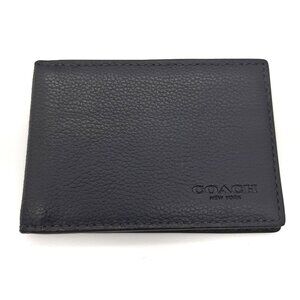 Coach Ultra Thin Black Pebbled Leather Bifold Card Holder Wallet